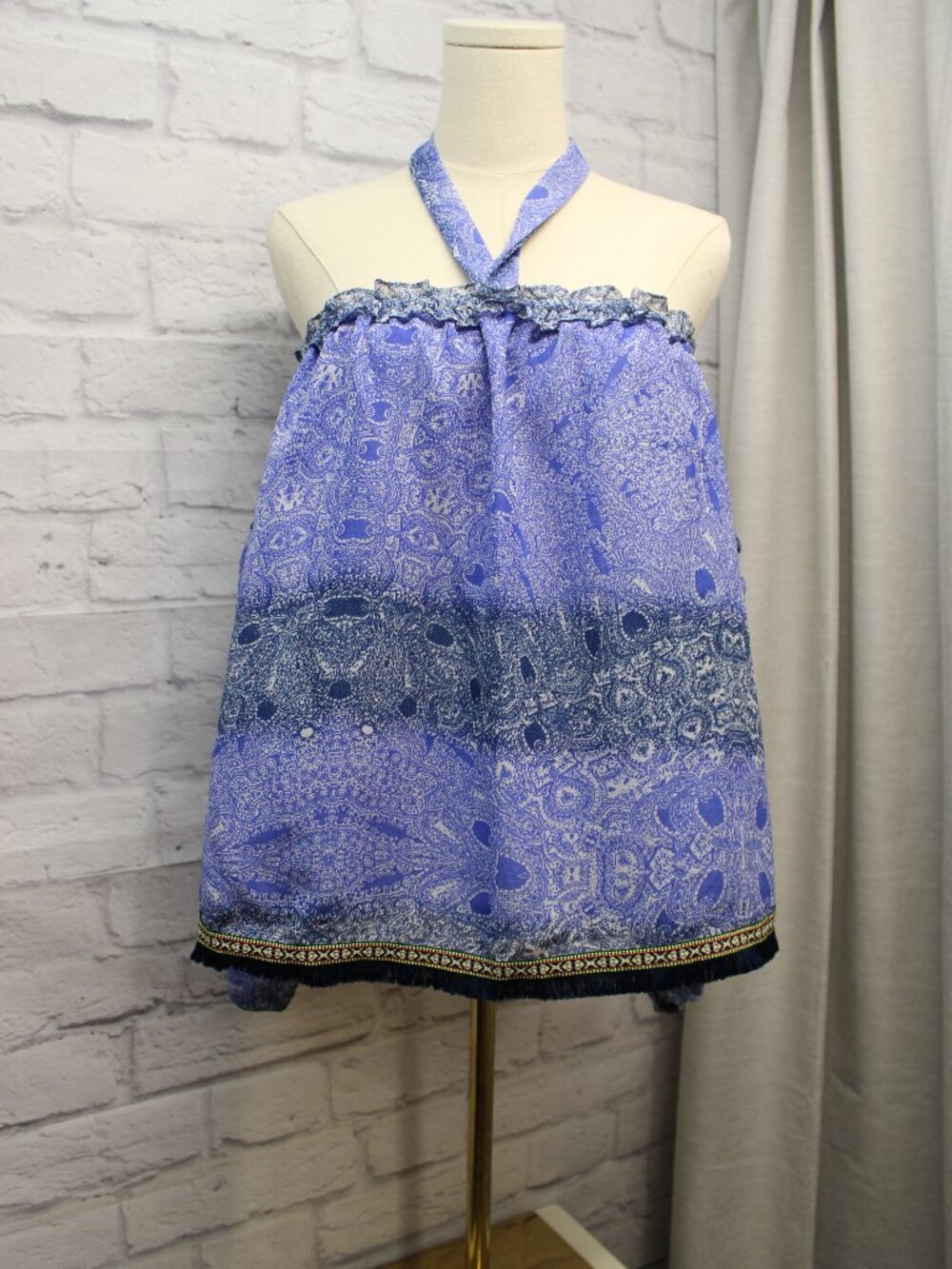 VIntage Havana Medium Cobalt Blue Paisley Off the Shoulder Blouse Silky Boho